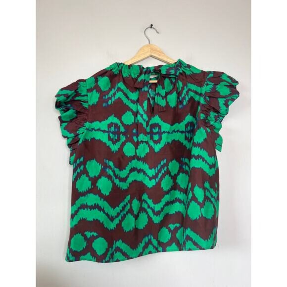 NEW Ulla Johnson Iren Abstract Silk Crew-Neck Ruffled Blouse Top - Picture 6 of 7